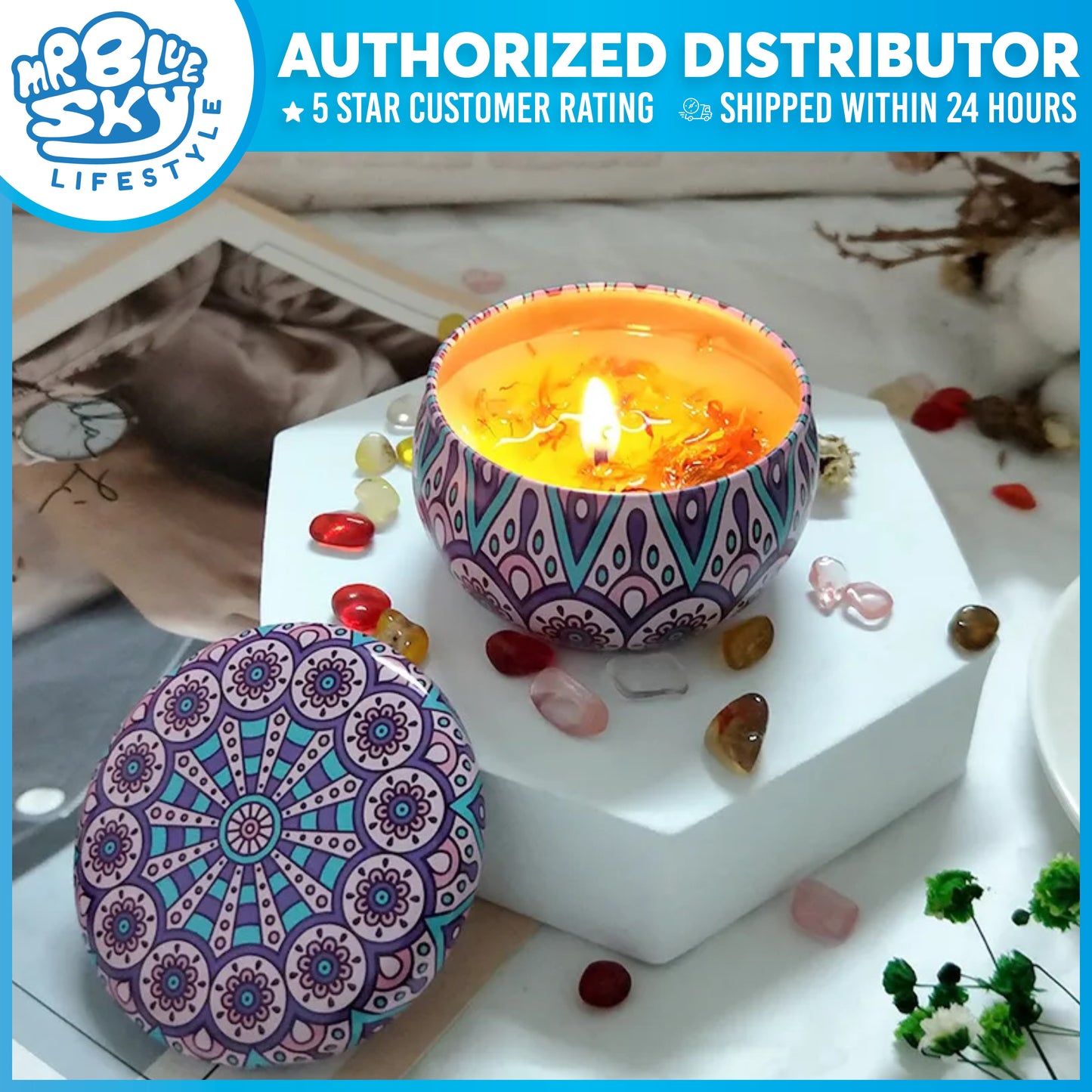 Handmade Scented Candle Smokeless - Mandala Hippie Flowers Petals Theme