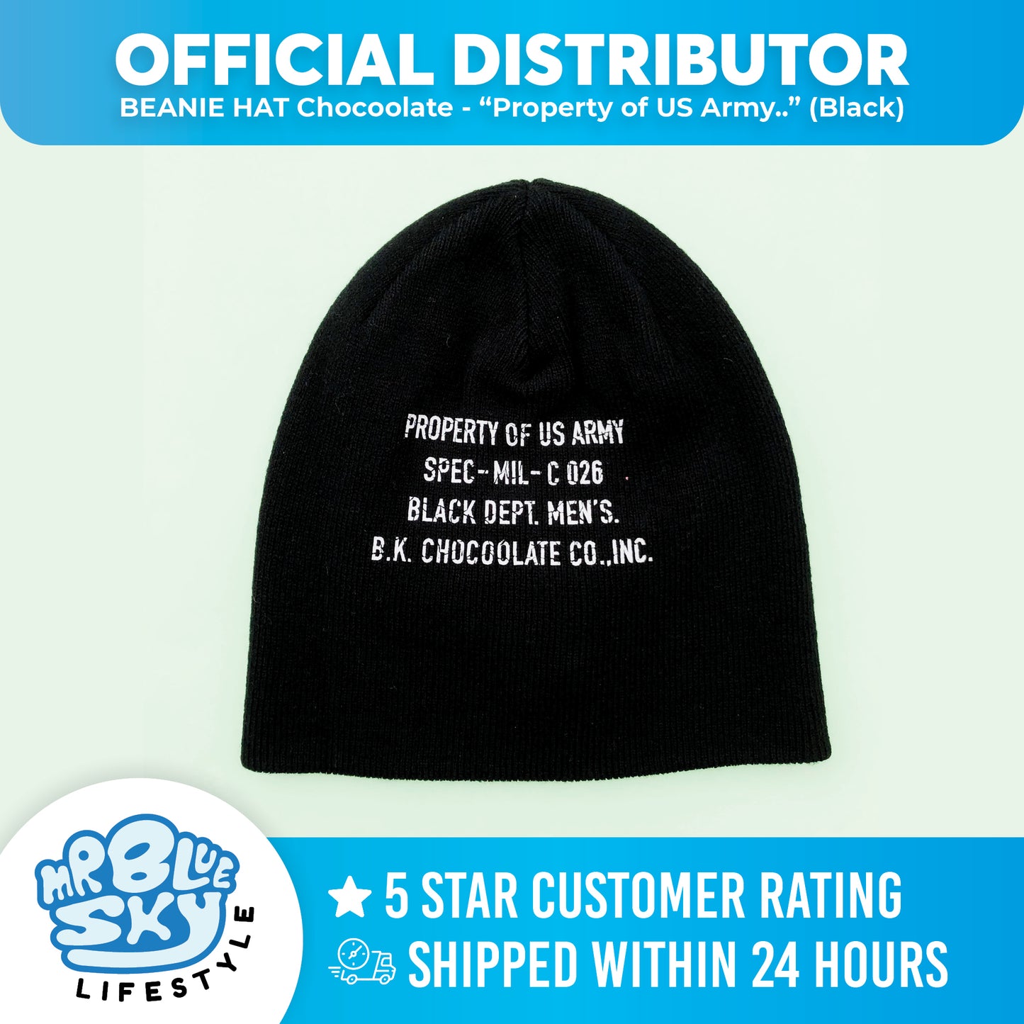 BEANIE HAT Chocoolate - "Property of US Army.." (Black)