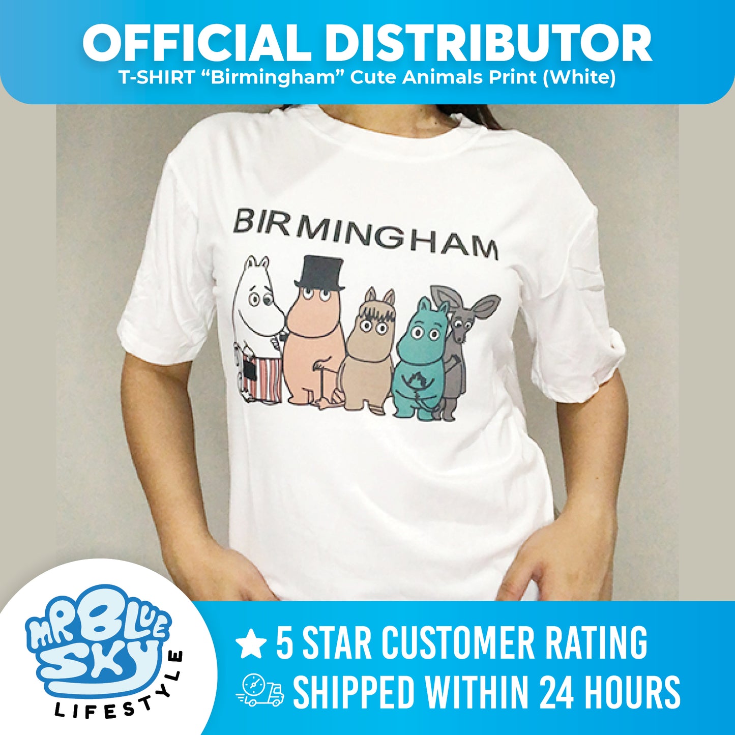 T-SHIRT Stretchable - "Birmingham" Cute Animals Print (White)