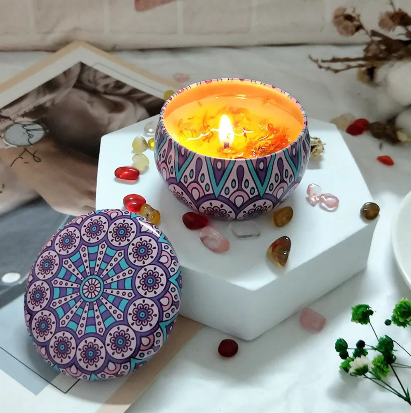 Handmade Scented Candle Smokeless - Mandala Hippie Flowers Petals Theme