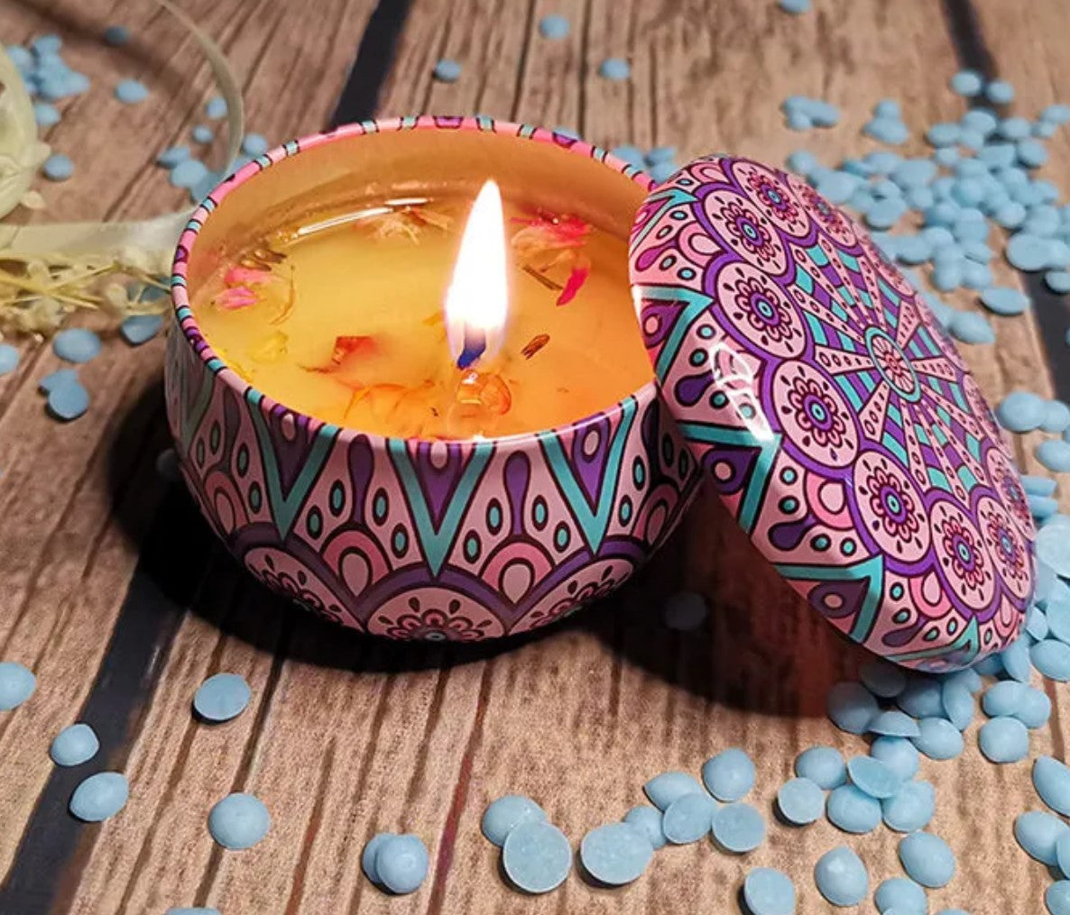 Handmade Scented Candle Smokeless - Mandala Hippie Flowers Petals Theme