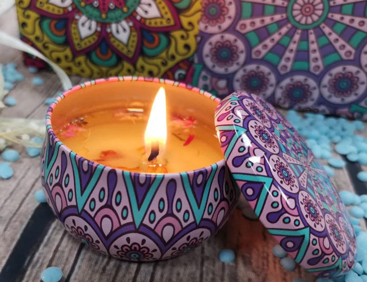 Handmade Scented Candle Smokeless - Mandala Hippie Flowers Petals Theme