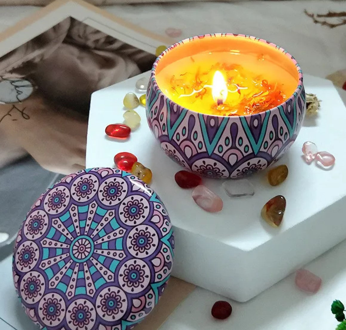 Handmade Scented Candle Smokeless - Mandala Hippie Flowers Petals Theme