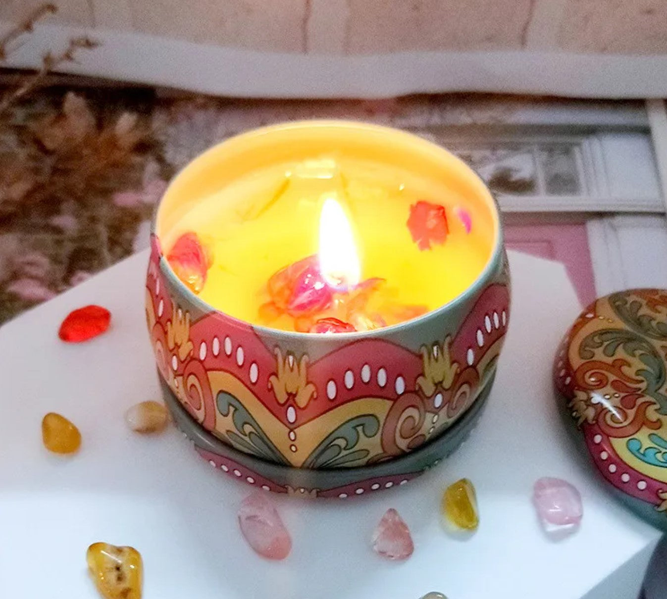 Handmade Scented Candle Smokeless - Mandala Hippie Flowers Petals Theme