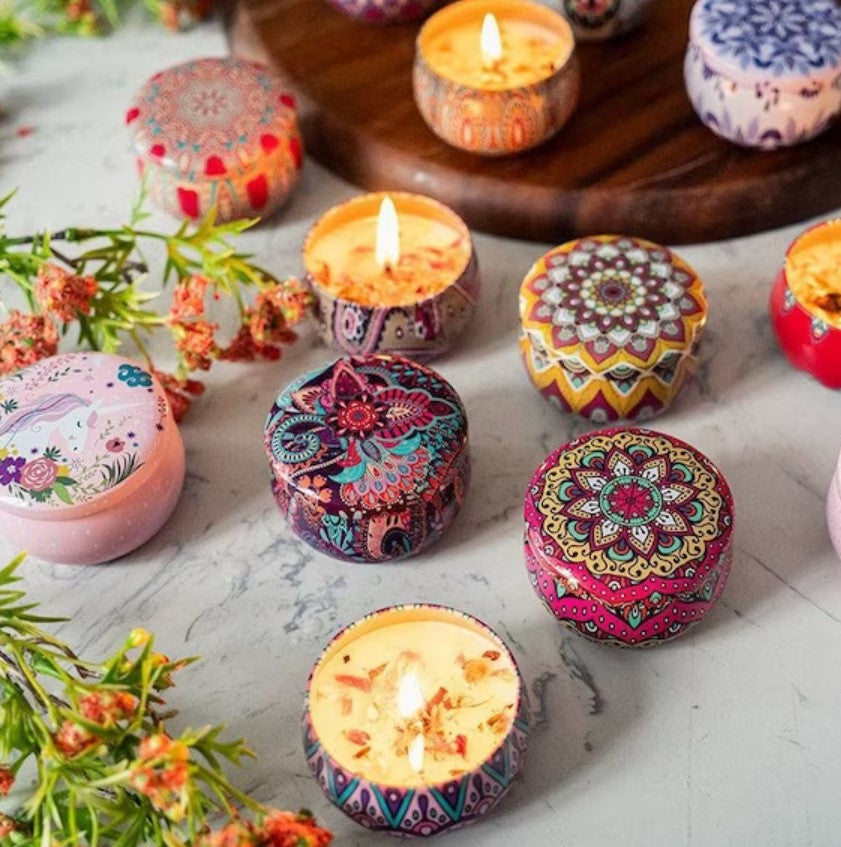 Handmade Scented Candle Smokeless - Mandala Hippie Flowers Petals Theme