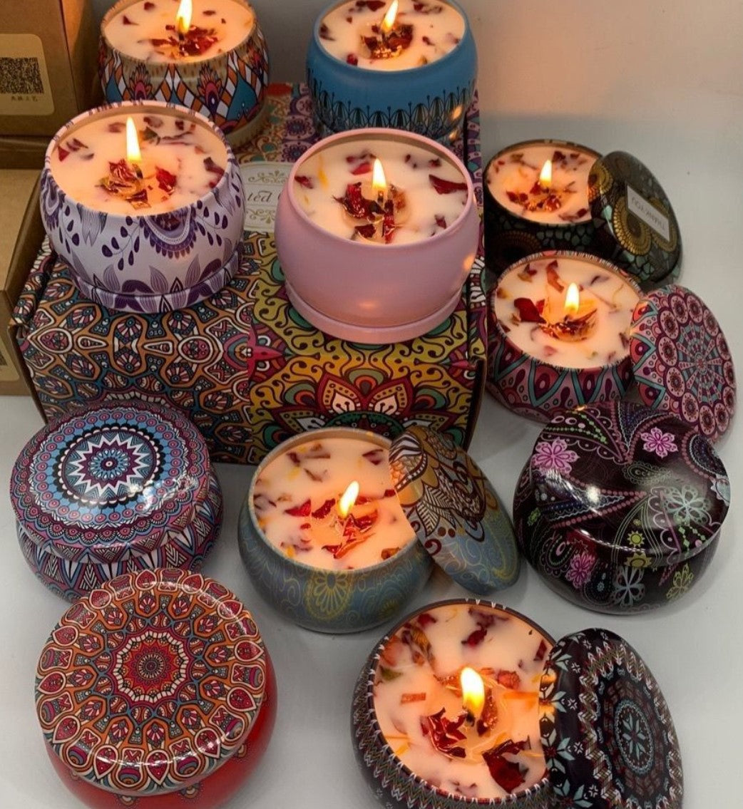 Handmade Scented Candle Smokeless - Mandala Hippie Flowers Petals Theme