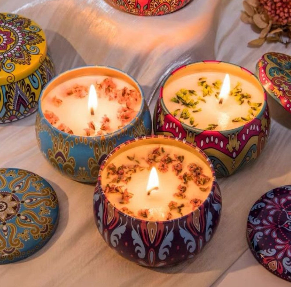 Handmade Scented Candle Smokeless - Mandala Hippie Flowers Petals Theme